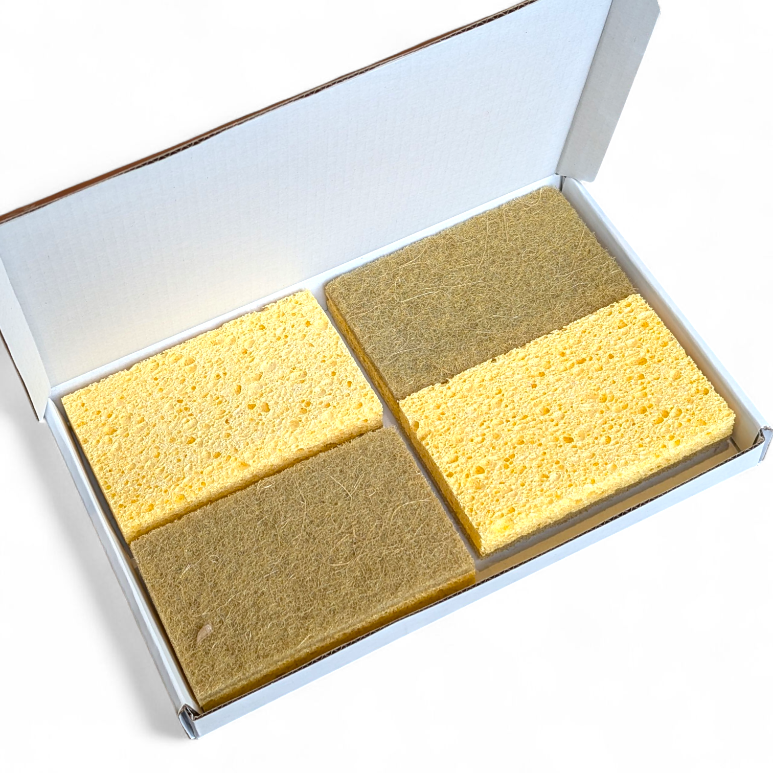 Four pack of natural sisal and cellulose eco sponge scourers in a recyclable cardboard box — view 5