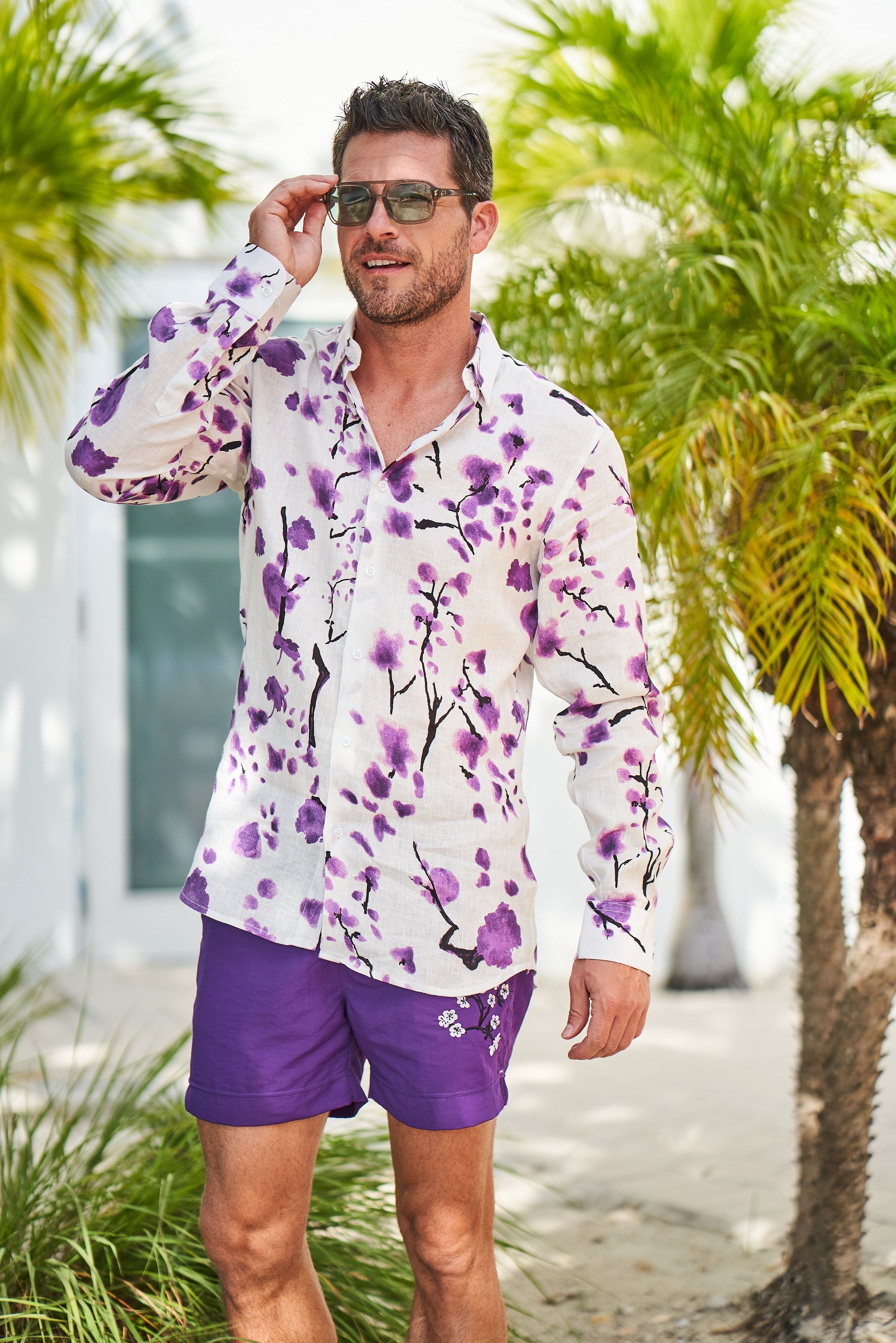 Purple cherry blossom embroidered swim trunks with adjustable drawstring waist and mid-thigh cut — view 5