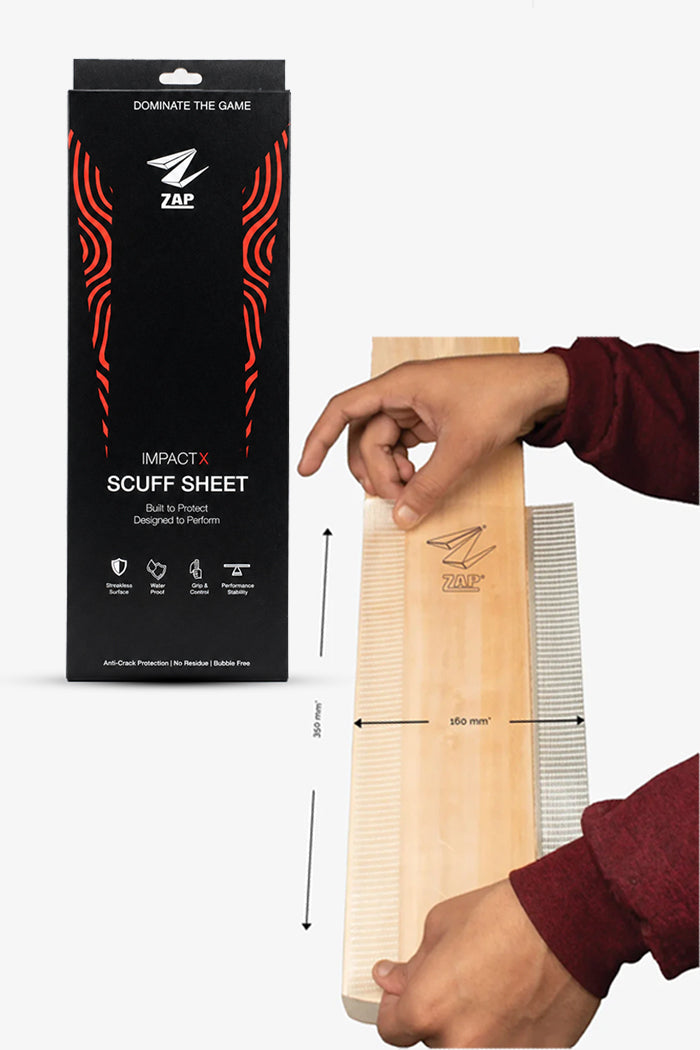 Transparent fibreglass cricket bat scuff sheet, self-adhesive protective film measuring 350x160mm for edge protection