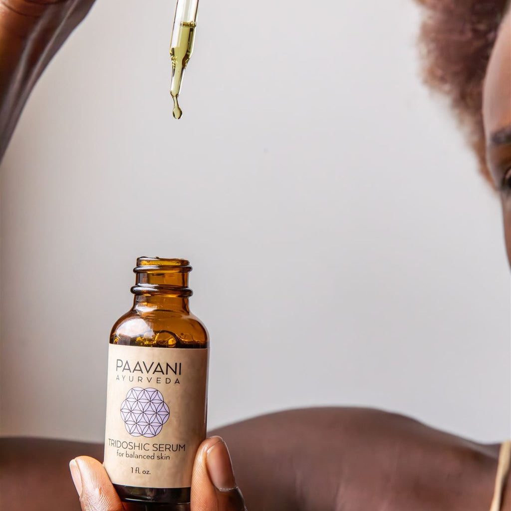 Tridoshic face serum in an earth-friendly amber glass bottle with a dropper cap — view 5