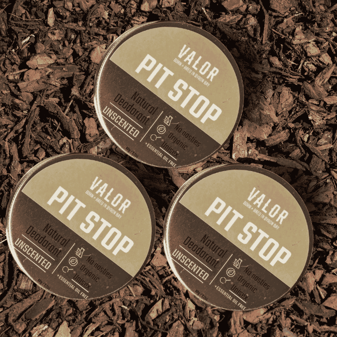 Three round tins of Pit Stop unscented natural deodorant paste for daily aluminium-free body care