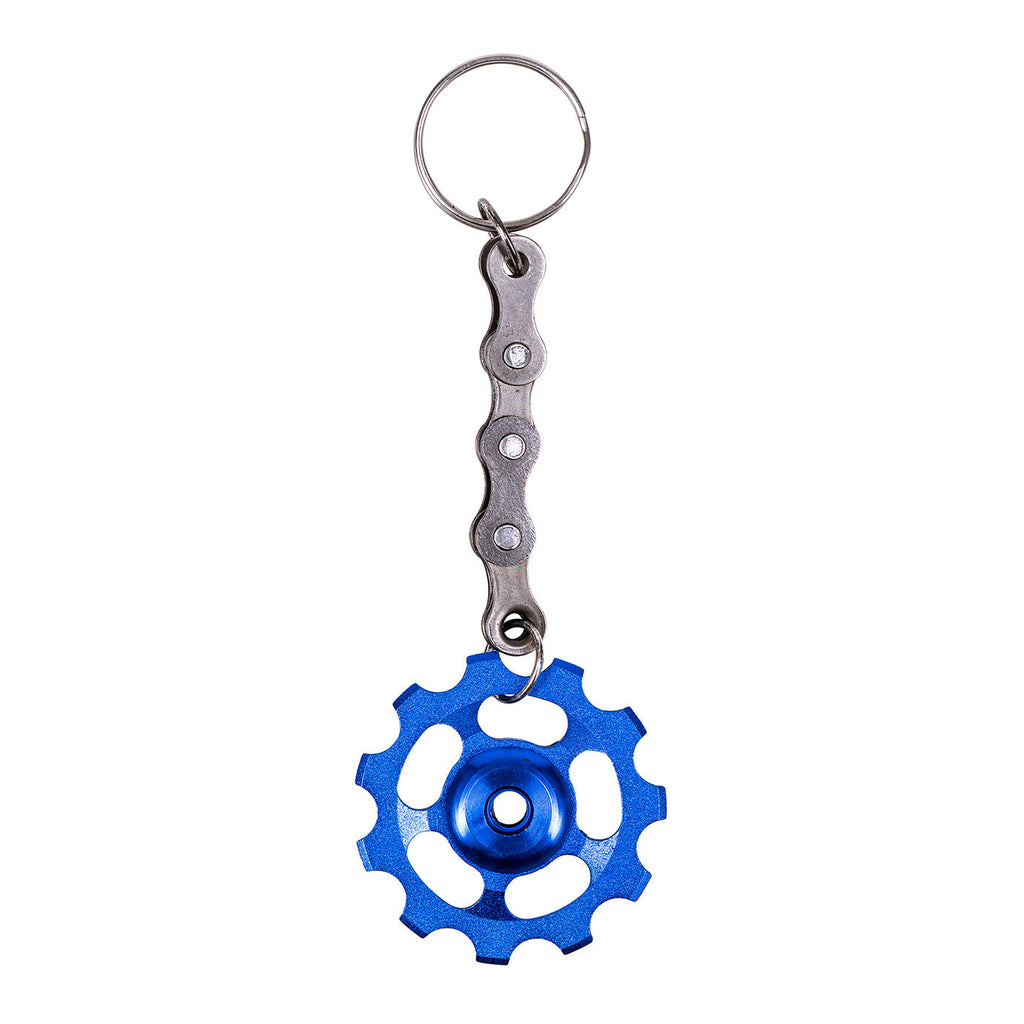 Upcycled bicycle cog funky keyring featuring a colourful gear and recycled silver bike chain with clasp
