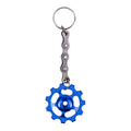 Upcycled bicycle cog funky keyring featuring a colourful gear and recycled silver bike chain with clasp