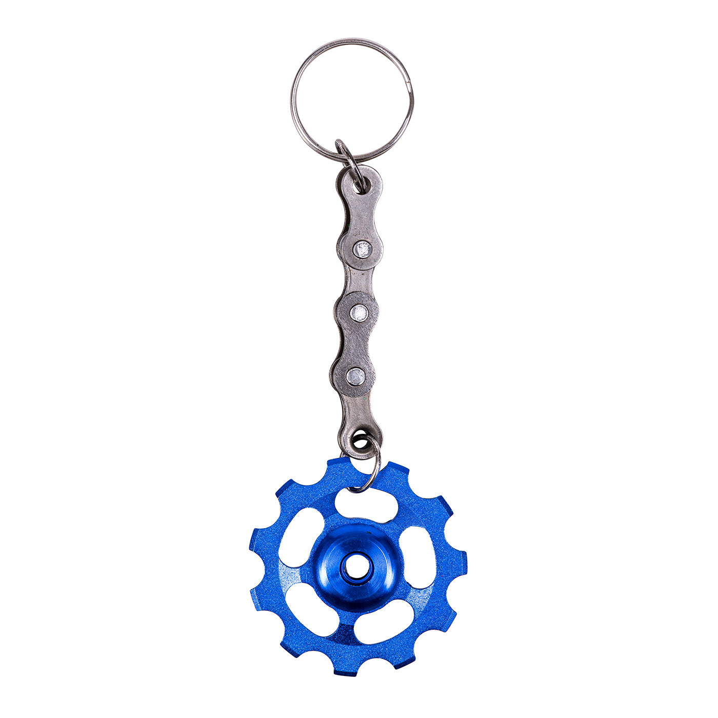 Upcycled bicycle cog funky keyring featuring a colourful gear and recycled silver bike chain with clasp