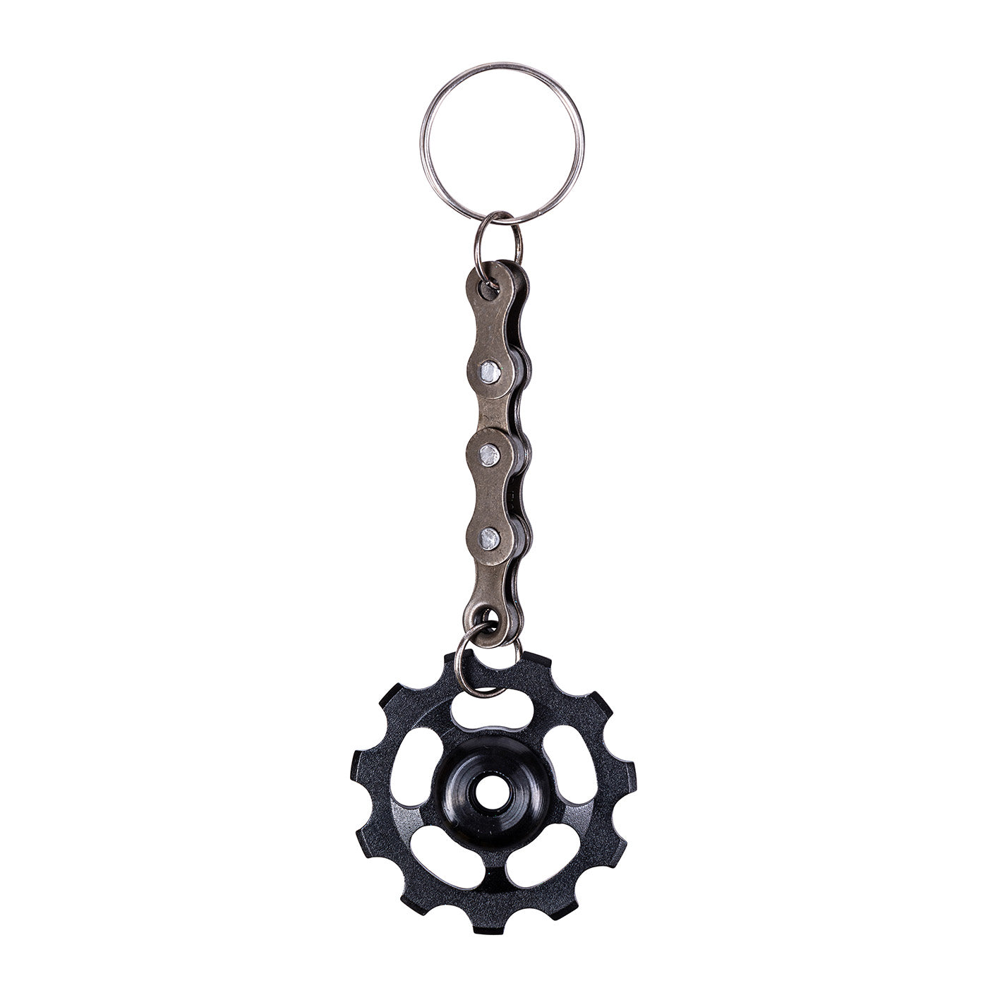 Upcycled bicycle cog funky keyring featuring a colourful gear and recycled silver bike chain with clasp — view 2