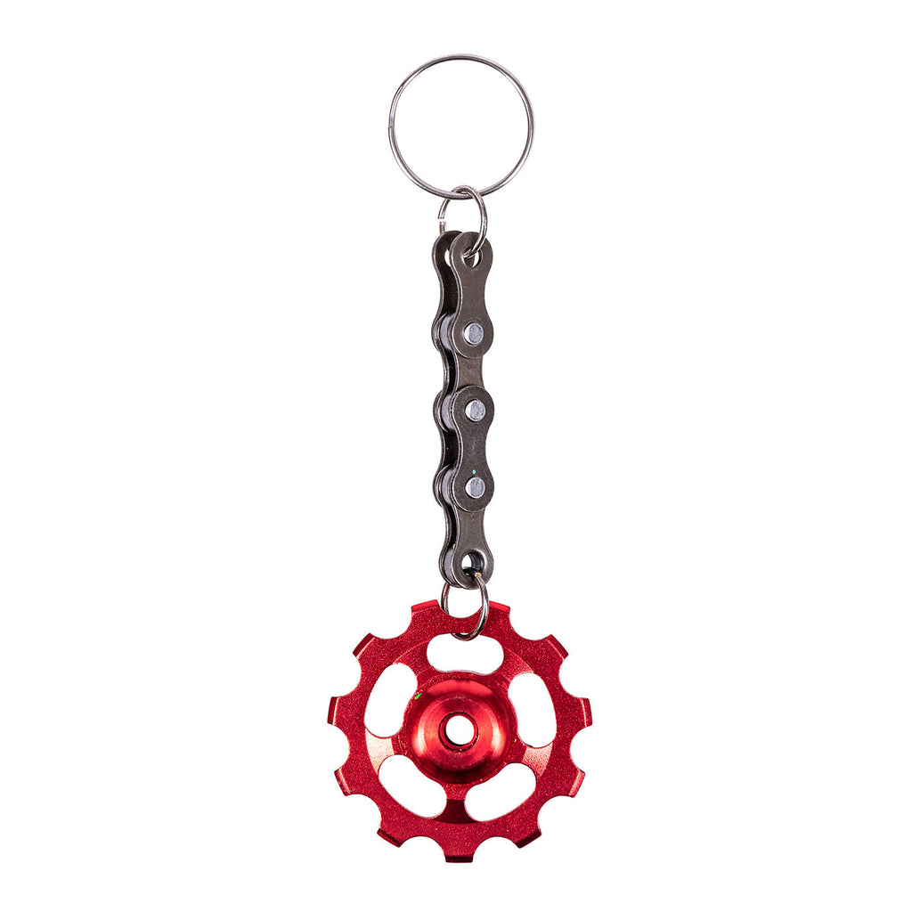 Upcycled bicycle cog funky keyring featuring a colourful gear and recycled silver bike chain with clasp — view 3