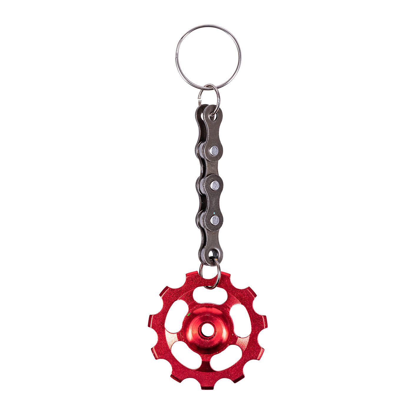 Upcycled bicycle cog funky keyring featuring a colourful gear and recycled silver bike chain with clasp — view 3