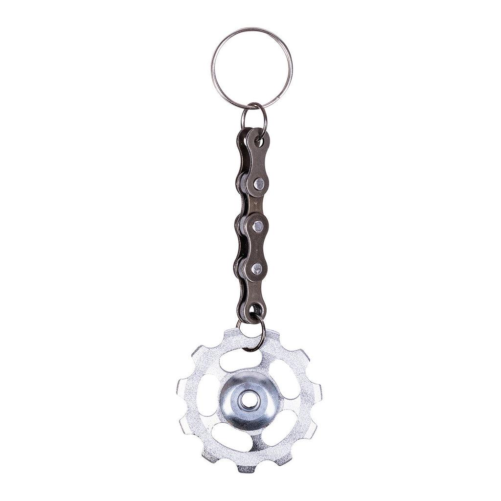 Upcycled bicycle cog funky keyring featuring a colourful gear and recycled silver bike chain with clasp — view 4