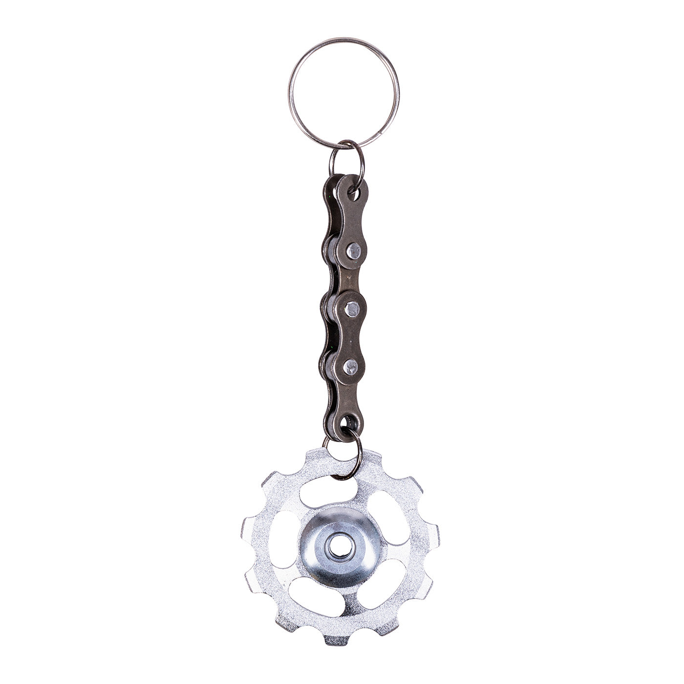 Upcycled bicycle cog funky keyring featuring a colourful gear and recycled silver bike chain with clasp — view 4
