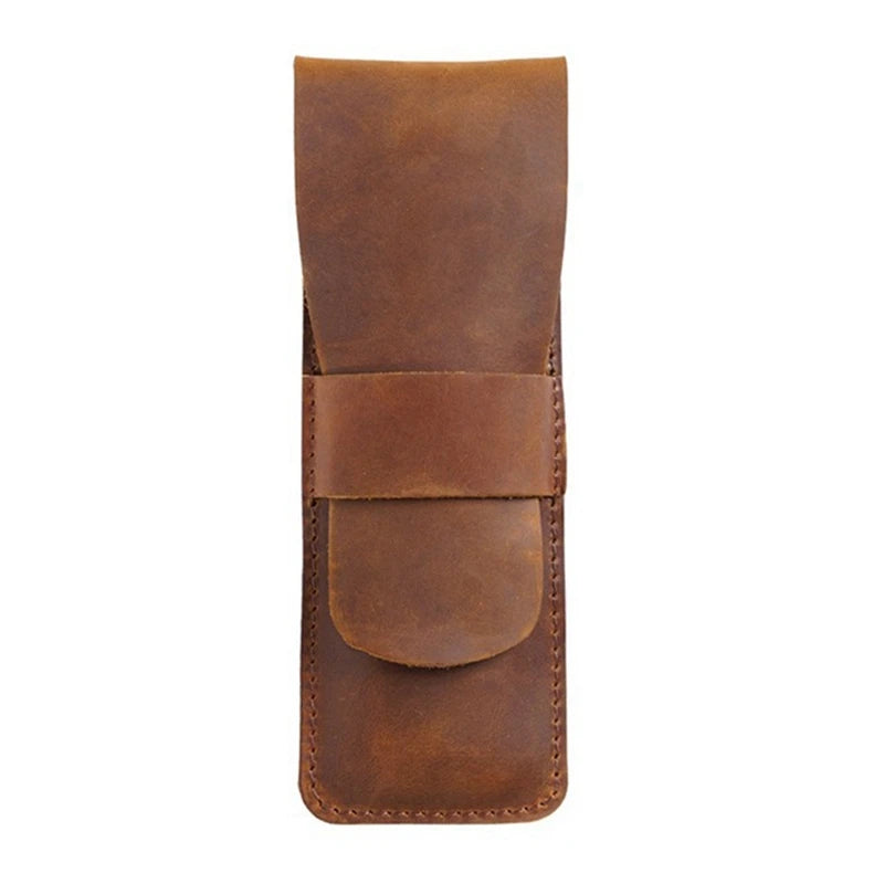 Handmade full grain leather fountain pen holder pouch with tuck-in flap for desk and travel — view 2