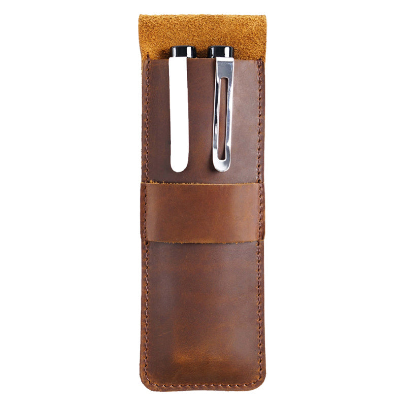 Handmade full grain leather fountain pen holder pouch with tuck-in flap for desk and travel — view 3