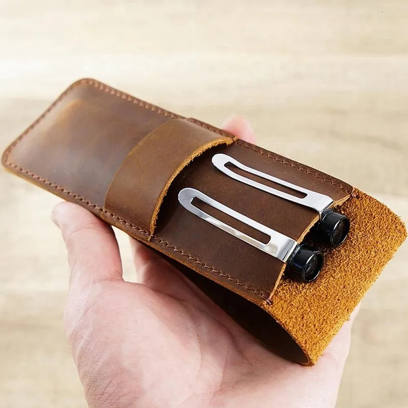Handmade full grain leather fountain pen holder pouch with tuck-in flap for desk and travel — view 4