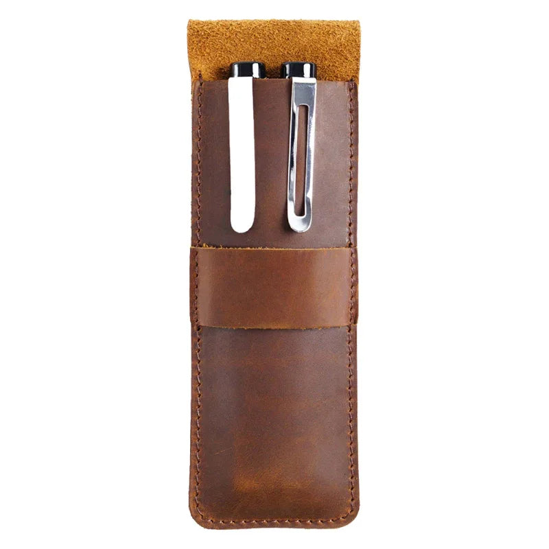 Handmade brown crazy horse leather fountain pen holder with a tuck-in flap design — view 3