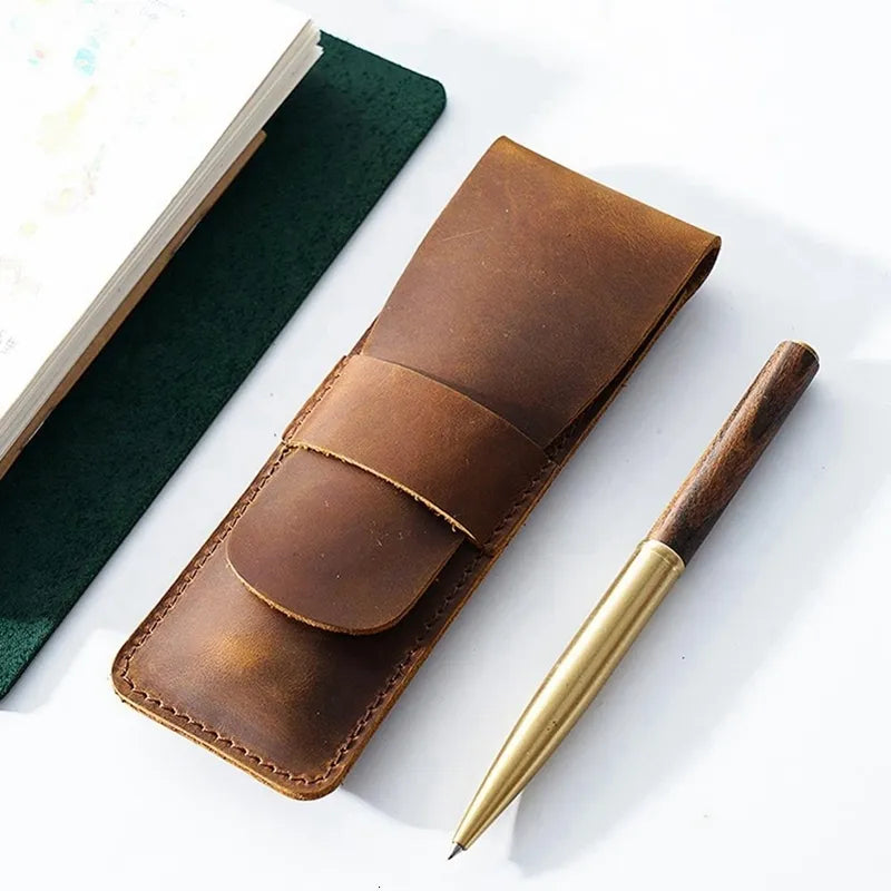 Handmade full grain leather fountain pen holder pouch with tuck-in flap for desk and travel