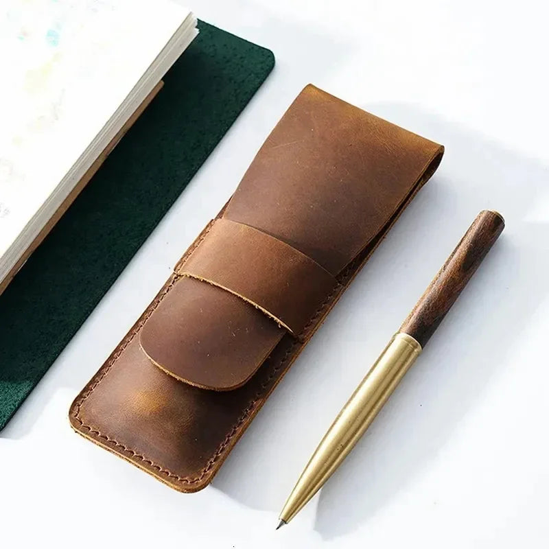 Handmade brown crazy horse leather fountain pen holder with a tuck-in flap design — view 2