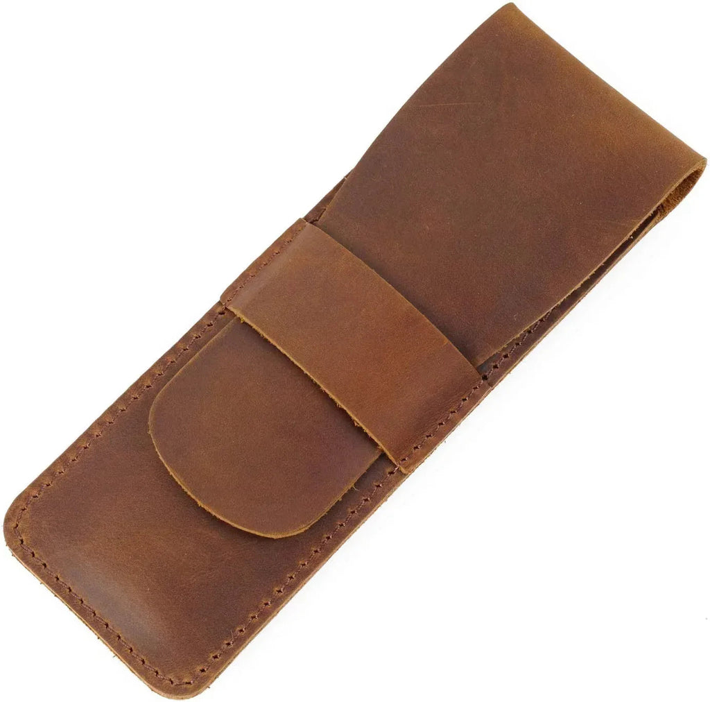Handmade brown crazy horse leather fountain pen holder with a tuck-in flap design — view 4