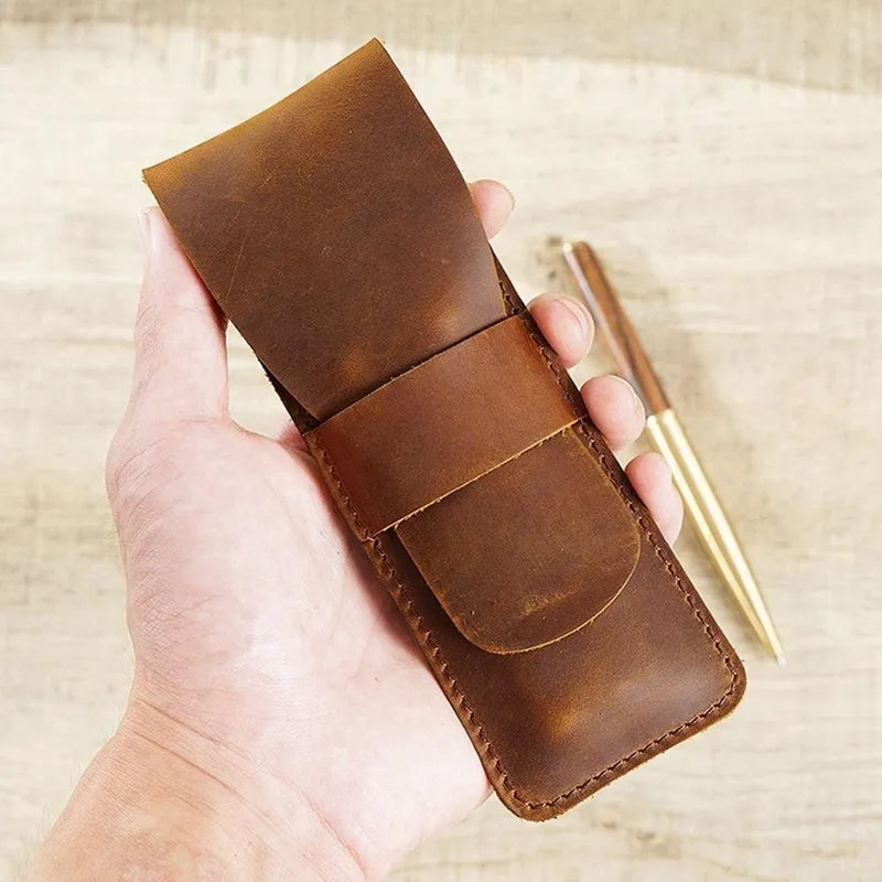Handmade full grain leather fountain pen holder pouch with tuck-in flap for desk and travel — view 5