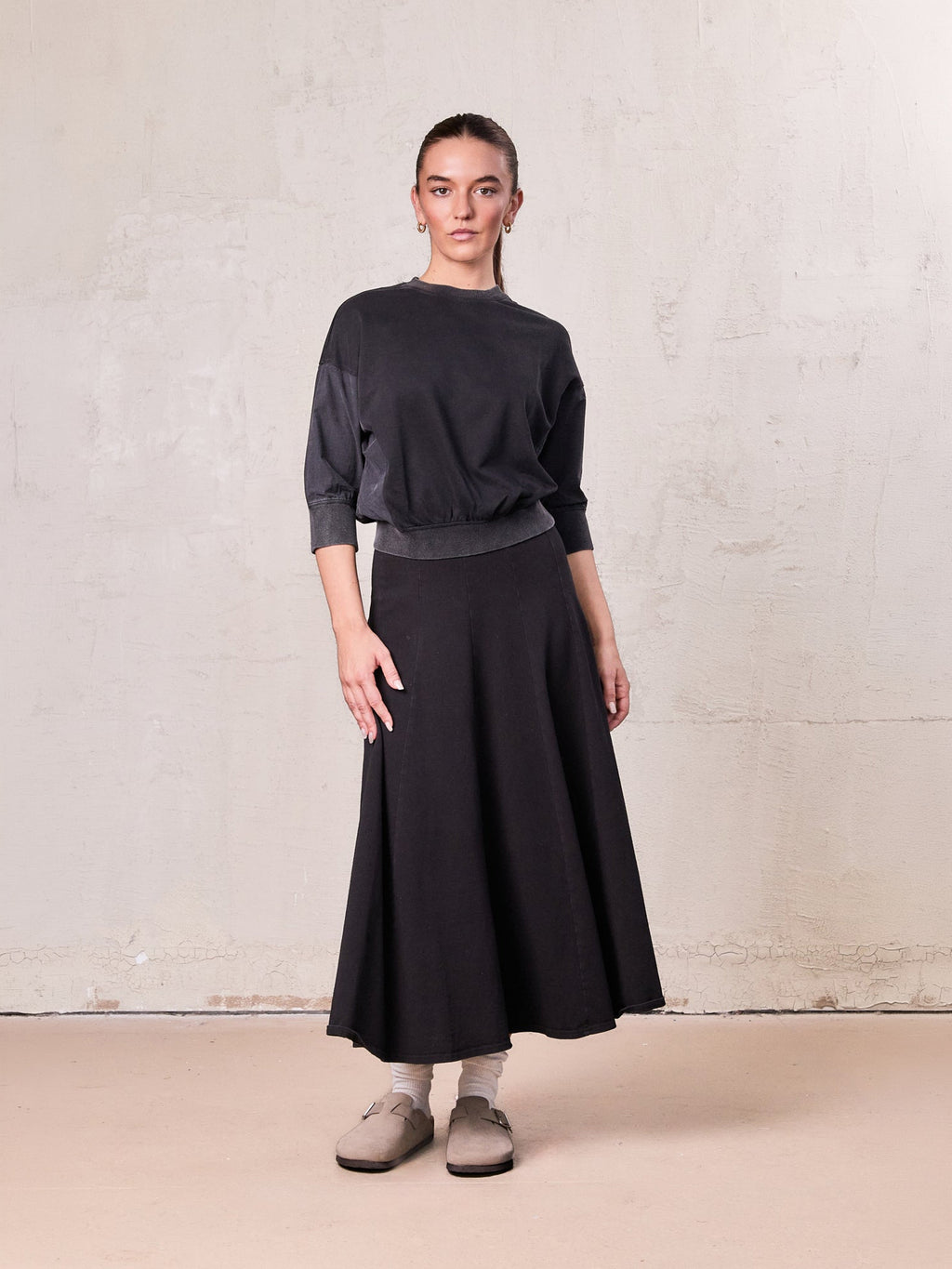 Paneled Flare Skirt 35"-Solid Black-0