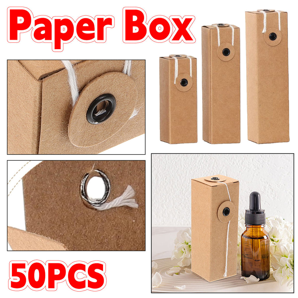 Kraft paper cosmetic packaging boxes holding small essential oil and perfume glass bottles