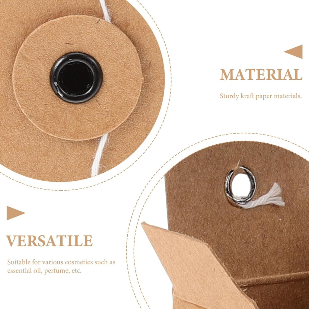 Kraft paper cosmetic packaging boxes holding small essential oil and perfume glass bottles — view 3