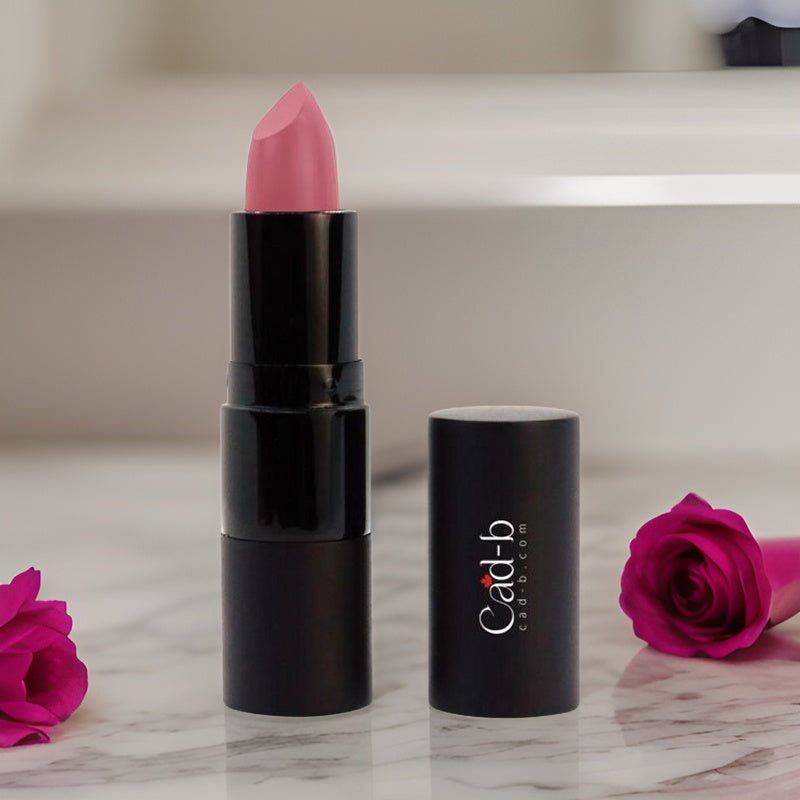 Vegan rose lipstick in eco-friendly recyclable packaging showing a creamy hydrating finish