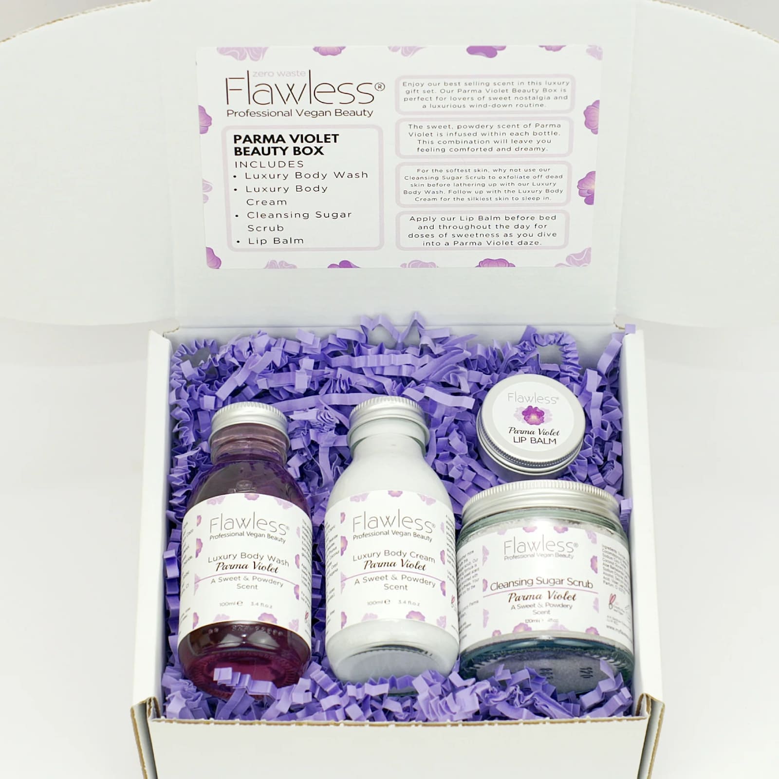 Parma Violet vegan bath and body pamper set in recycled glass and aluminium eco friendly packaging — view 2