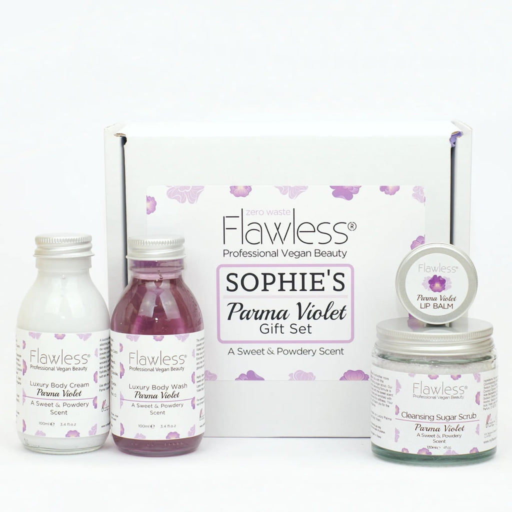 Parma Violet vegan bath and body pamper set in recycled glass and aluminium eco friendly packaging — view 3