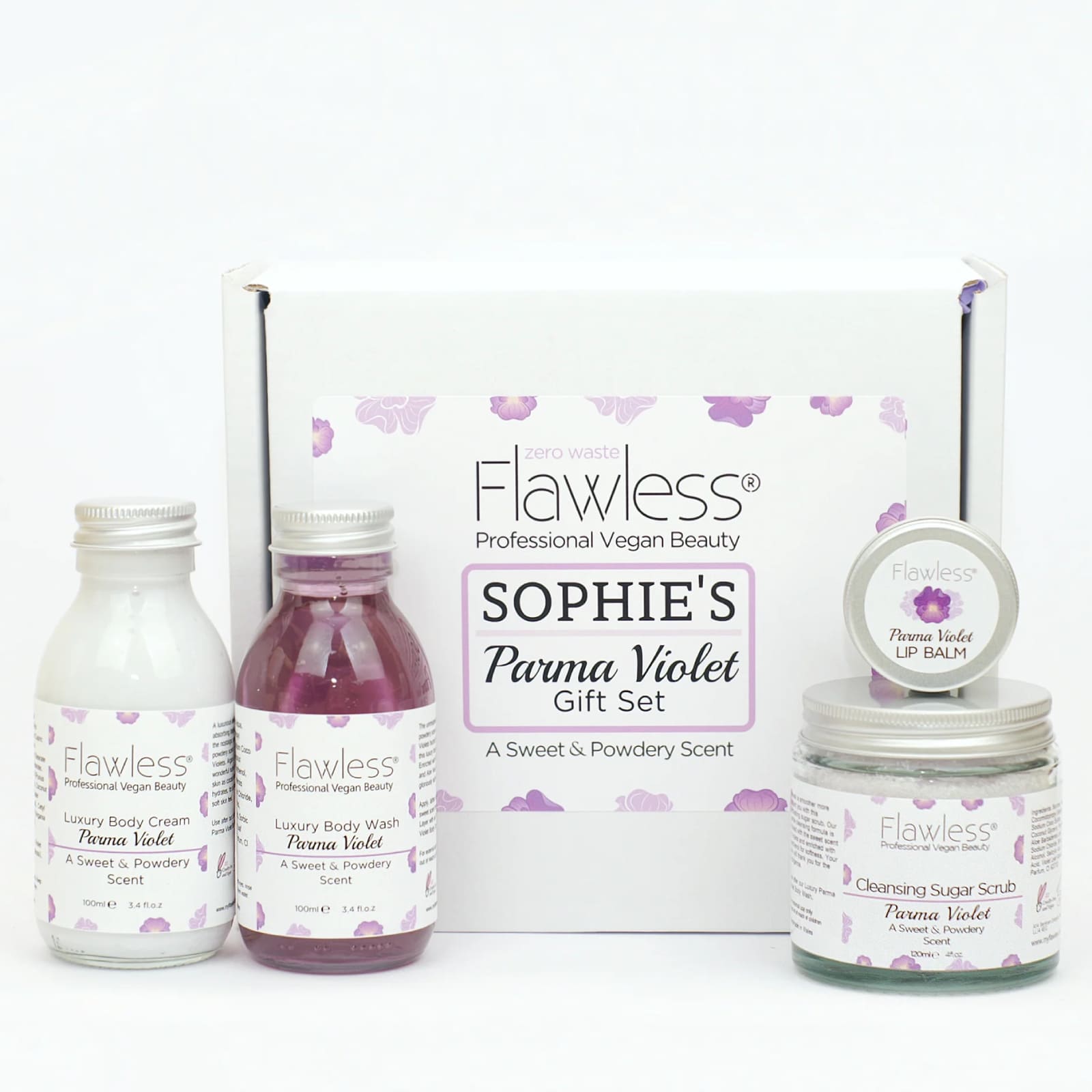 Parma Violet vegan bath and body pamper set in recycled glass and aluminium eco friendly packaging — view 3