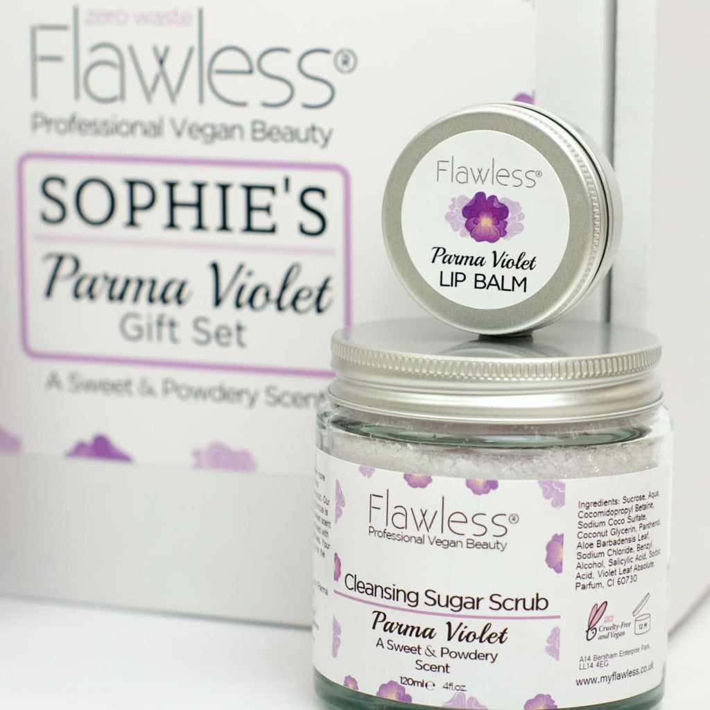 Parma Violet vegan bath and body pamper set in recycled glass and aluminium eco friendly packaging — view 4