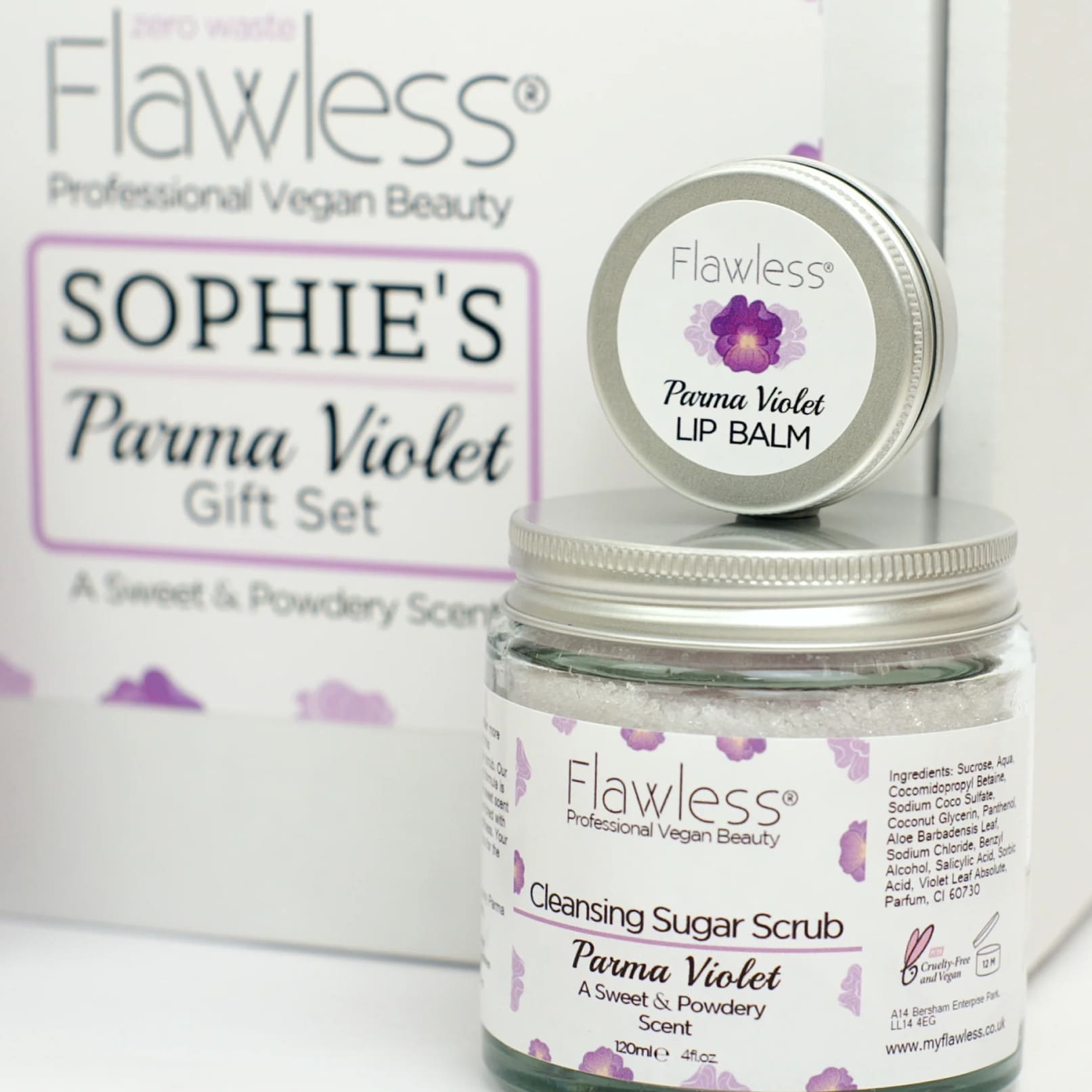 Parma Violet vegan bath and body pamper set in recycled glass and aluminium eco friendly packaging — view 4