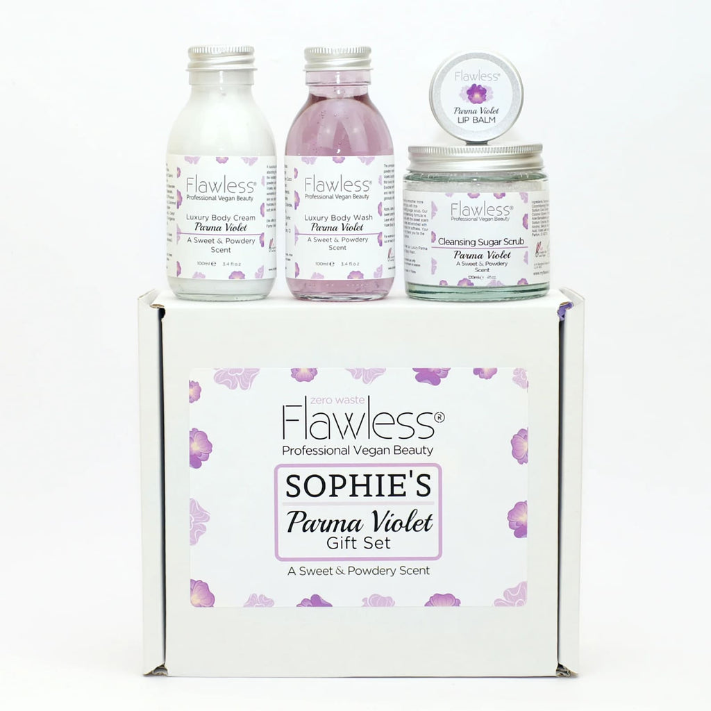 Parma Violet vegan bath and body pamper set in recycled glass and aluminium eco friendly packaging — view 5