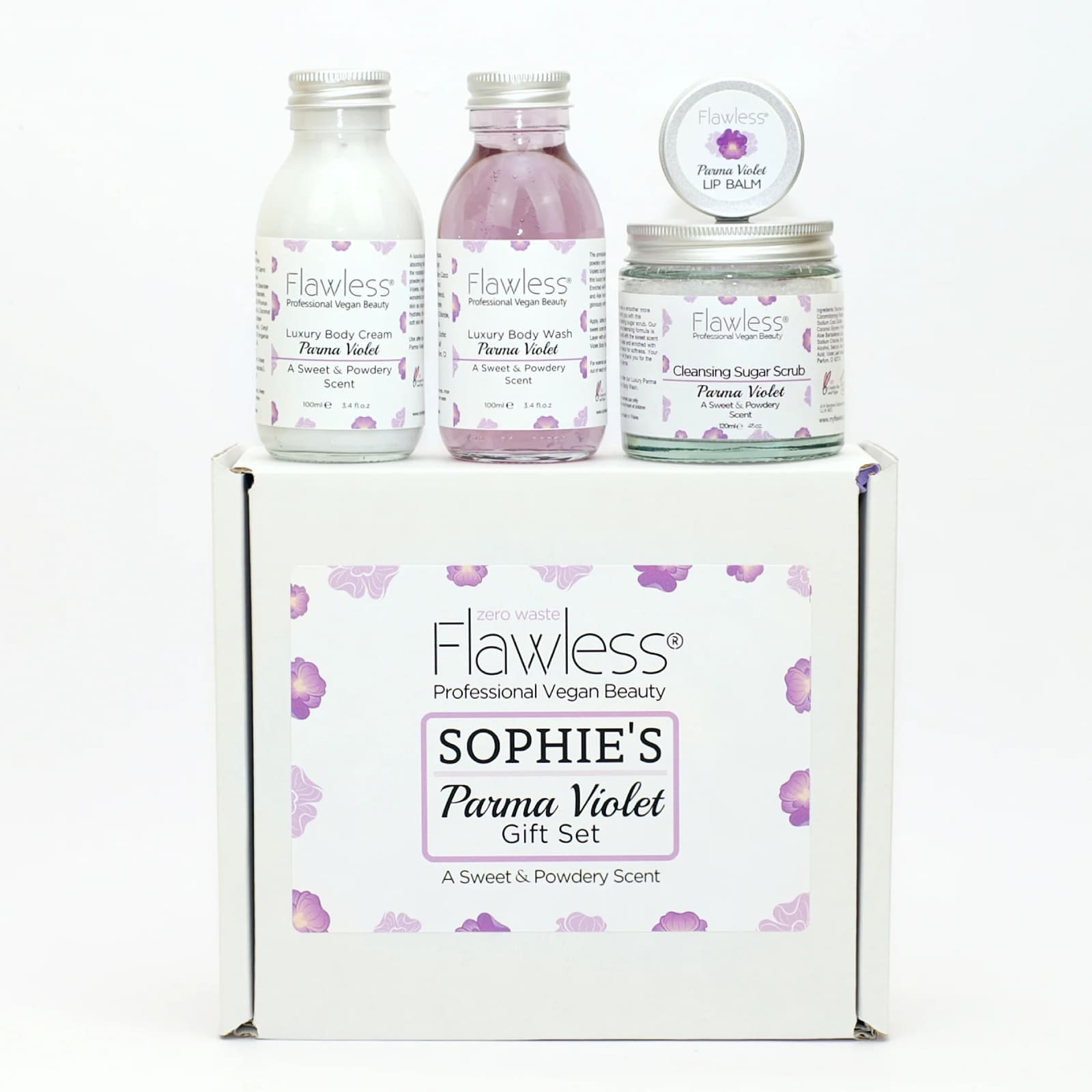 Parma Violet vegan bath and body pamper set in recycled glass and aluminium eco friendly packaging — view 5