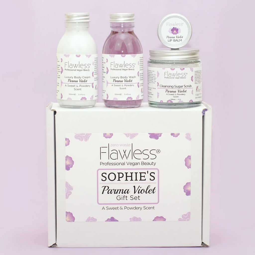 Parma Violet vegan bath and body pamper set in recycled glass and aluminium eco friendly packaging