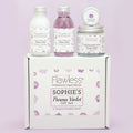 Parma Violet vegan bath and body pamper set in recycled glass and aluminium eco friendly packaging