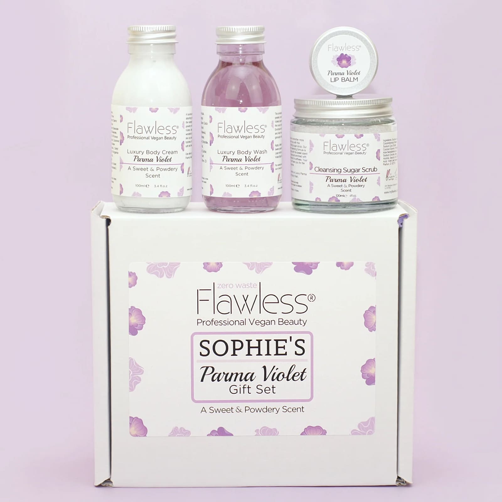 Parma Violet vegan bath and body pamper set in recycled glass and aluminium eco friendly packaging