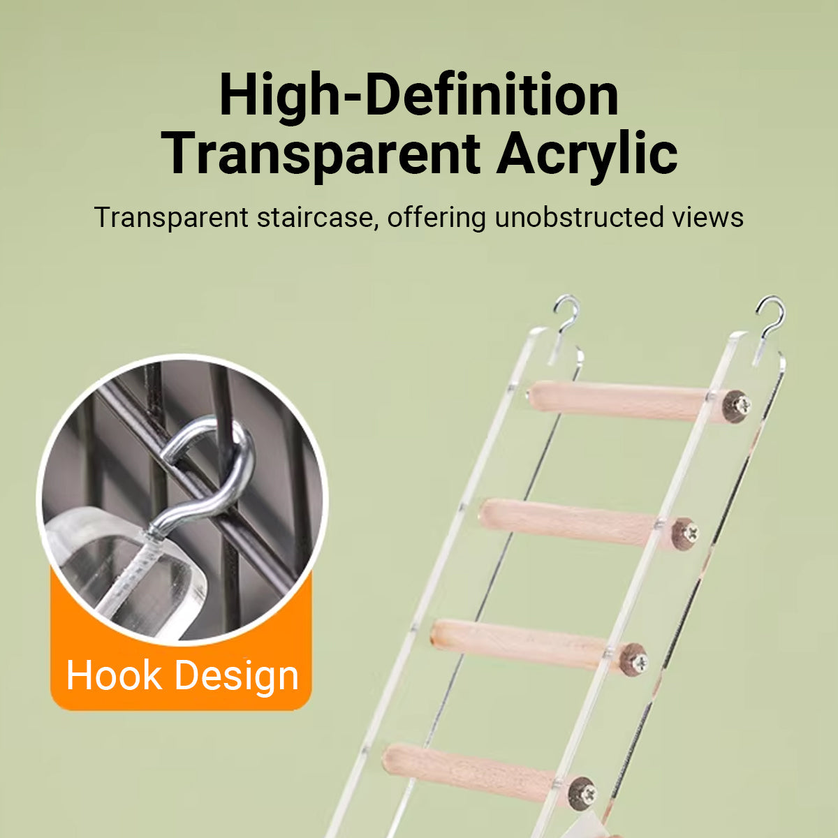 Acrylic bird cage climbing ladder with clear side panels, solid wood rungs, and metal cage hooks — view 5