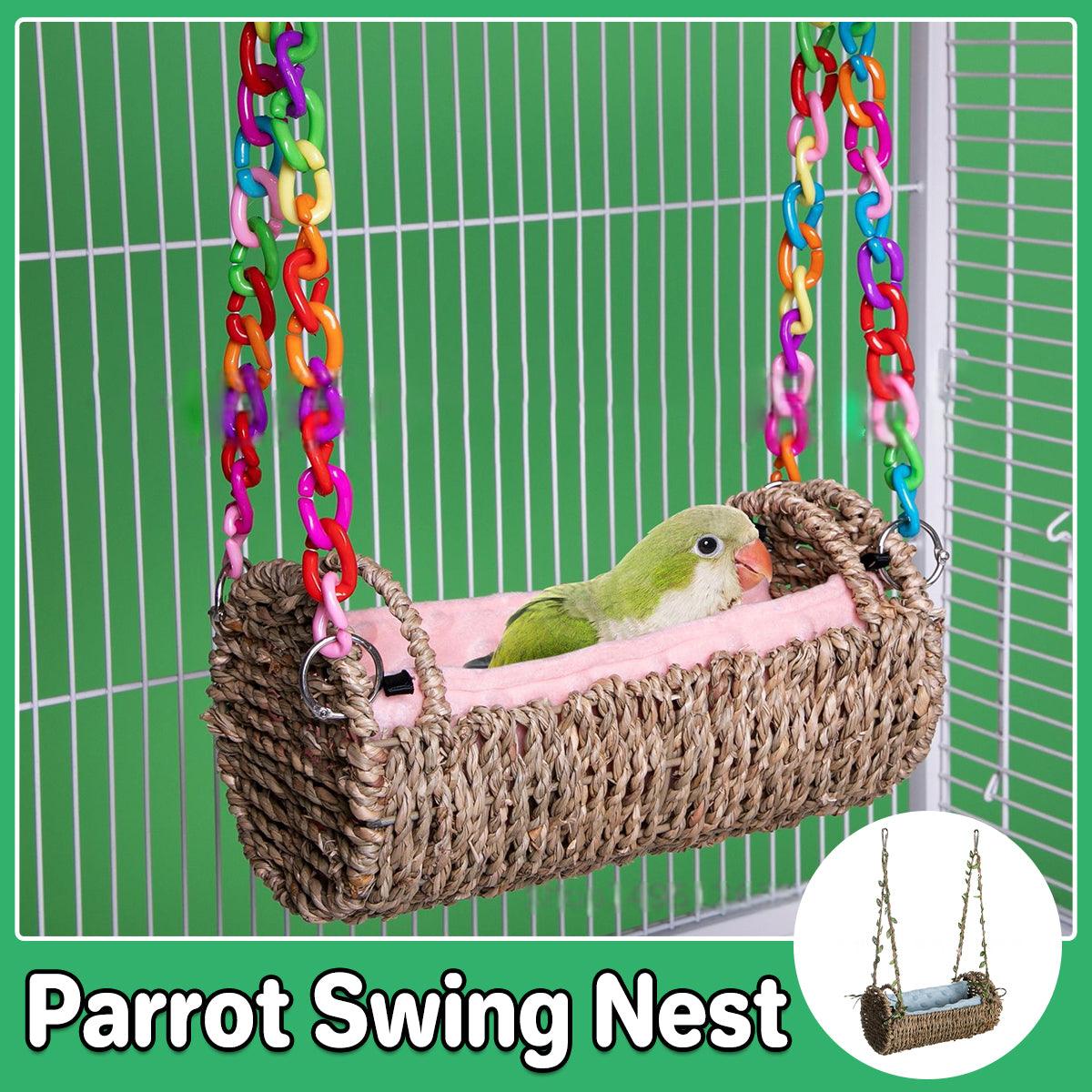 Woven grass hanging bird hammock nest with colorful plastic chain and soft plush cushion