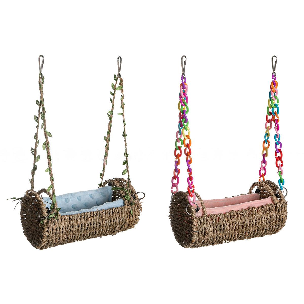 Woven grass hanging bird hammock nest with colorful plastic chain and soft plush cushion — view 2