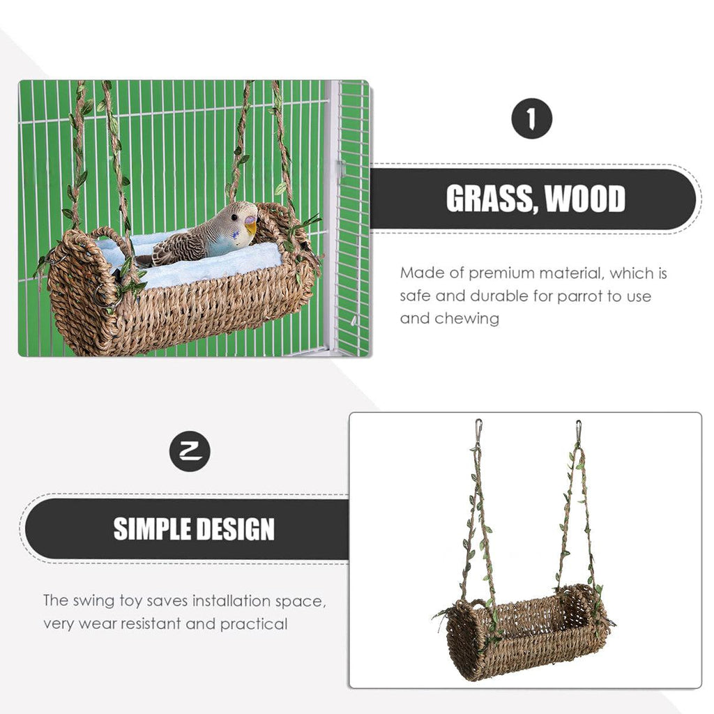 Woven grass hanging bird hammock nest with colorful plastic chain and soft plush cushion — view 5