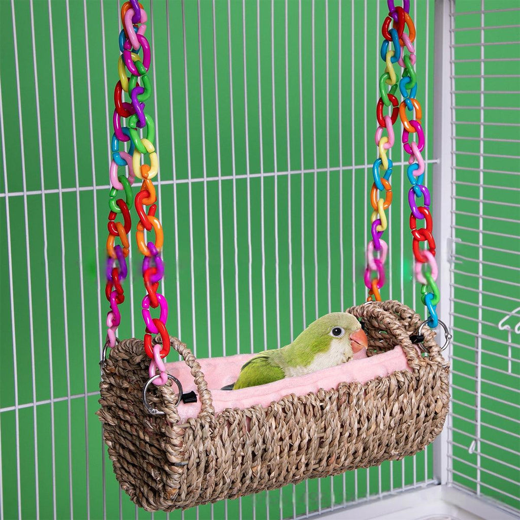Woven grass hanging bird hammock nest with colorful plastic chain and soft plush cushion — view 4
