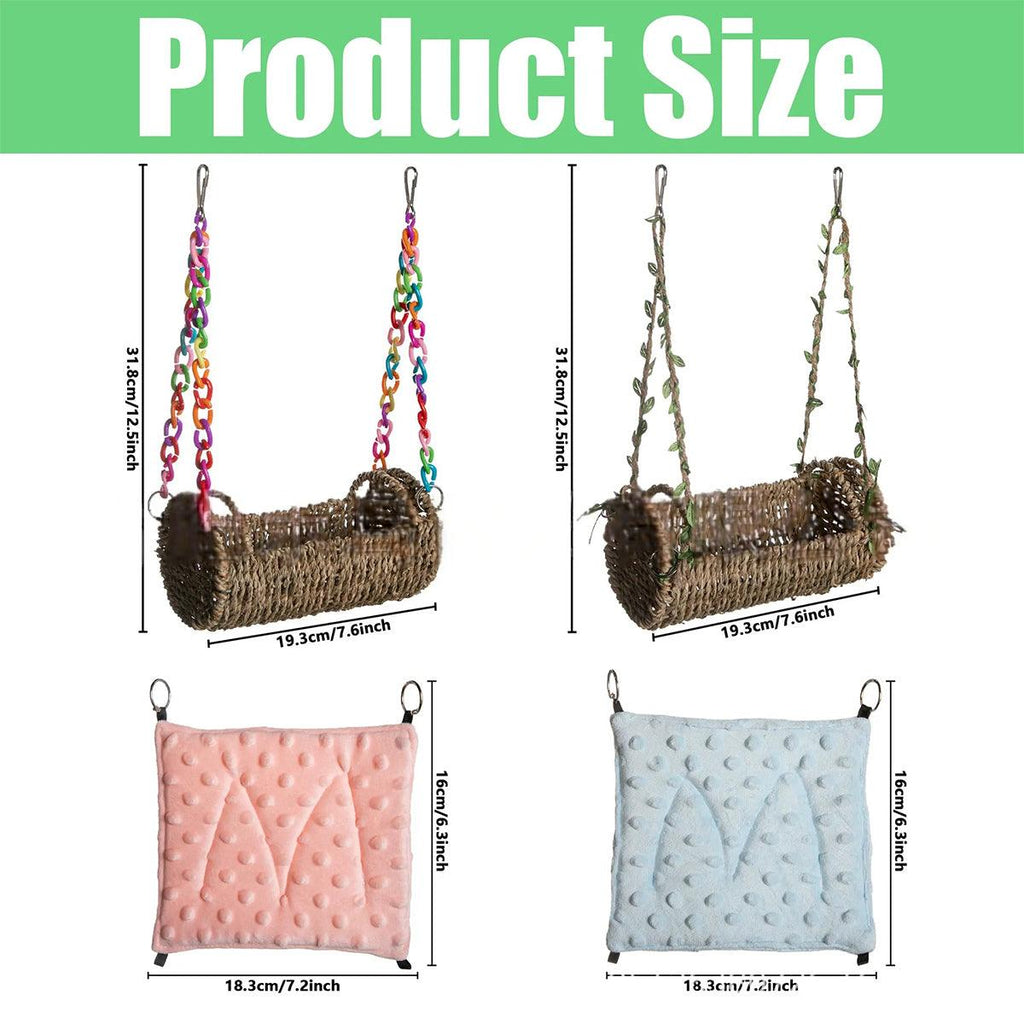 Woven grass hanging bird hammock nest with colorful plastic chain and soft plush cushion — view 3