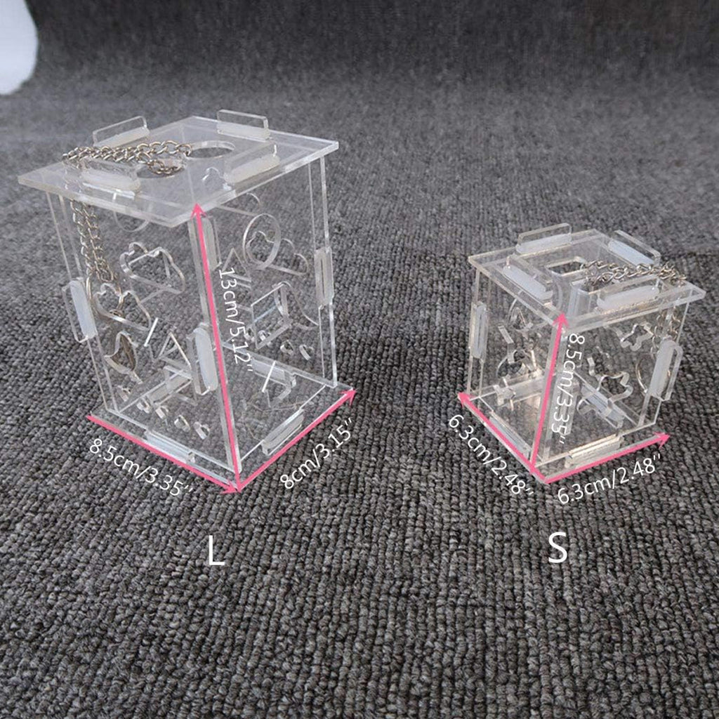 Transparent acrylic parrot foraging toy and treat dispenser with hanging metal chain. — view 3