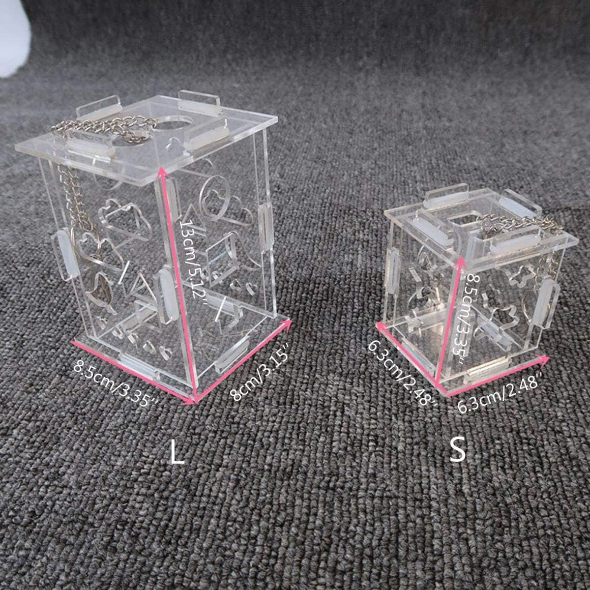 Transparent acrylic parrot foraging toy and treat dispenser with hanging metal chain. — view 3