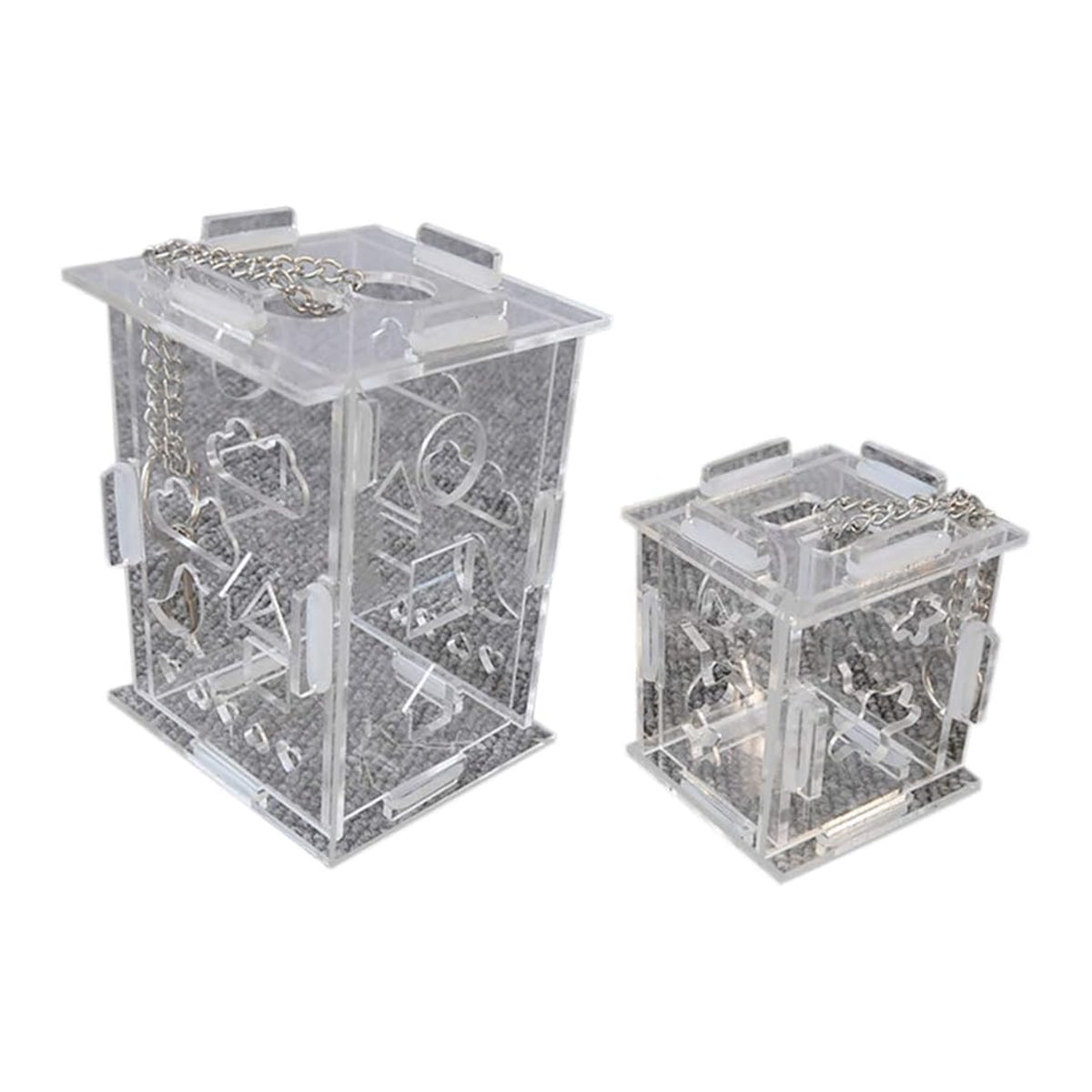 Transparent acrylic parrot foraging toy and treat dispenser with hanging metal chain. — view 2