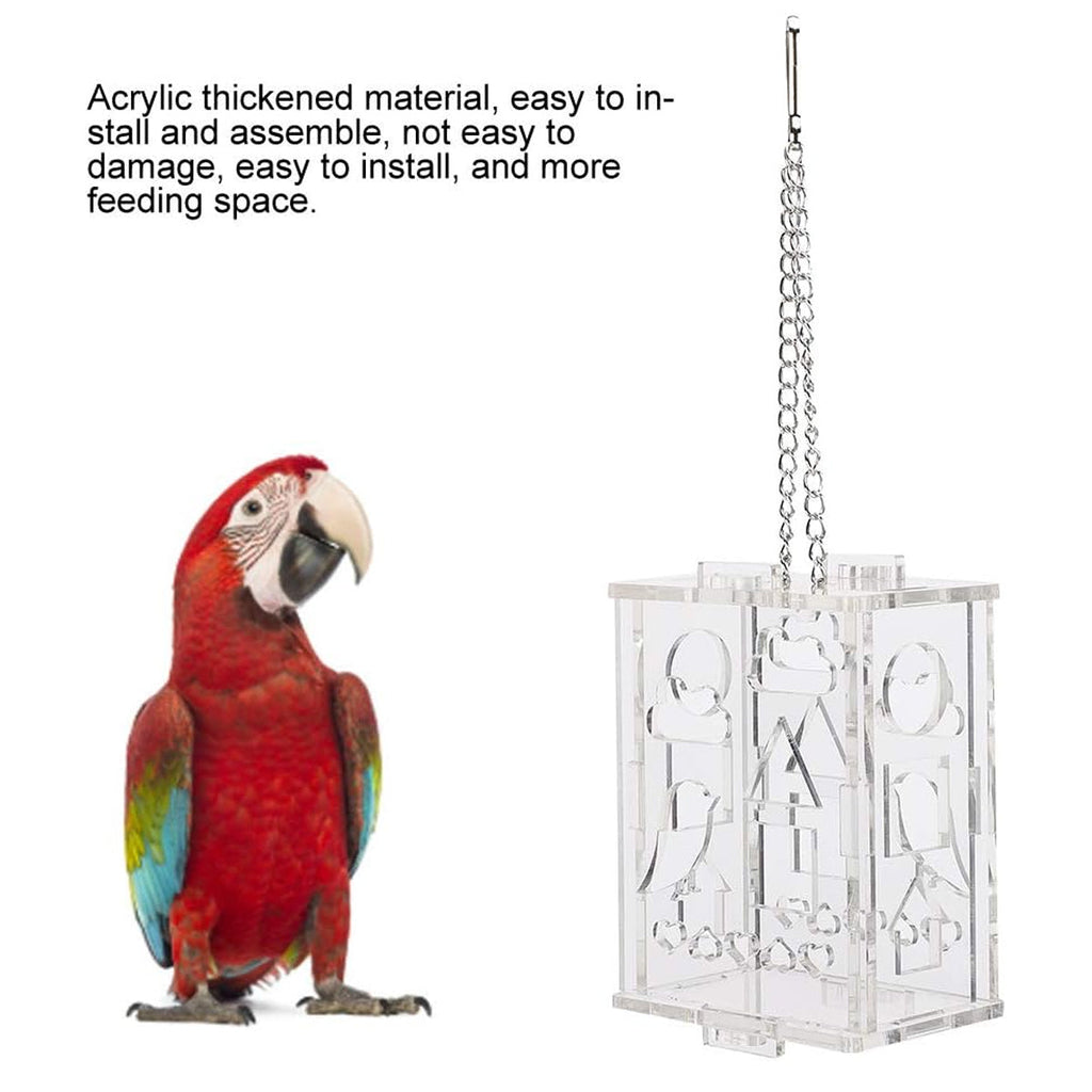 Transparent acrylic parrot foraging toy and treat dispenser with hanging metal chain. — view 4