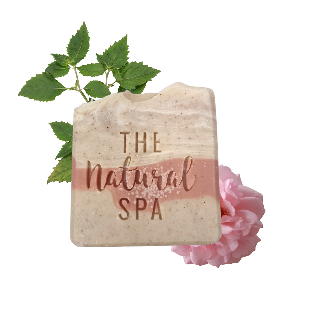 Patchouli and rose natural handcrafted vegan soap bar with rustic botanical texture and clay finish — view 4