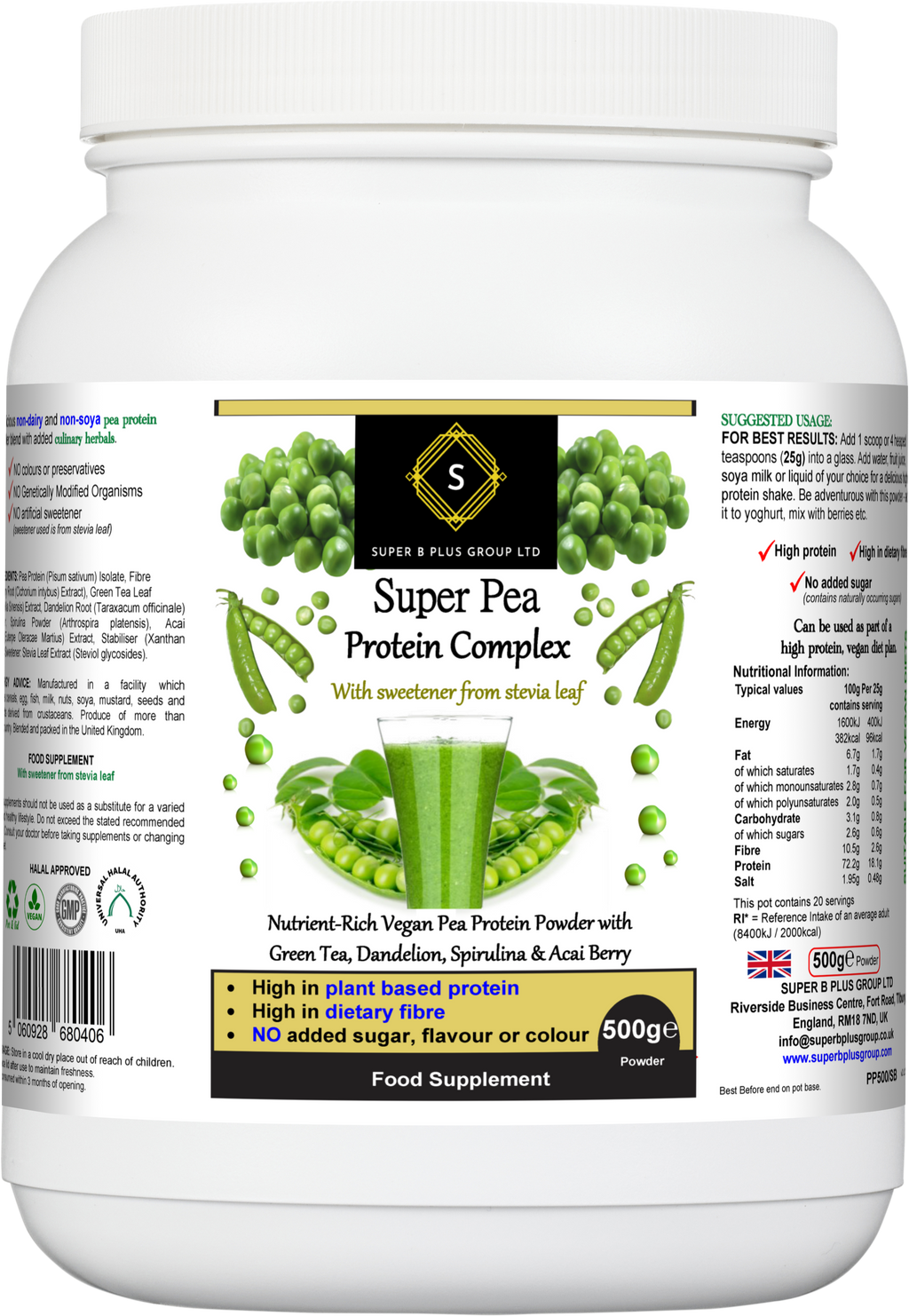Tub of Super Pea Protein Complex plant-based dietary supplement powder by Super B Plus Group.