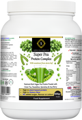 Tub of Super Pea Protein Complex plant-based dietary supplement powder by Super B Plus Group.