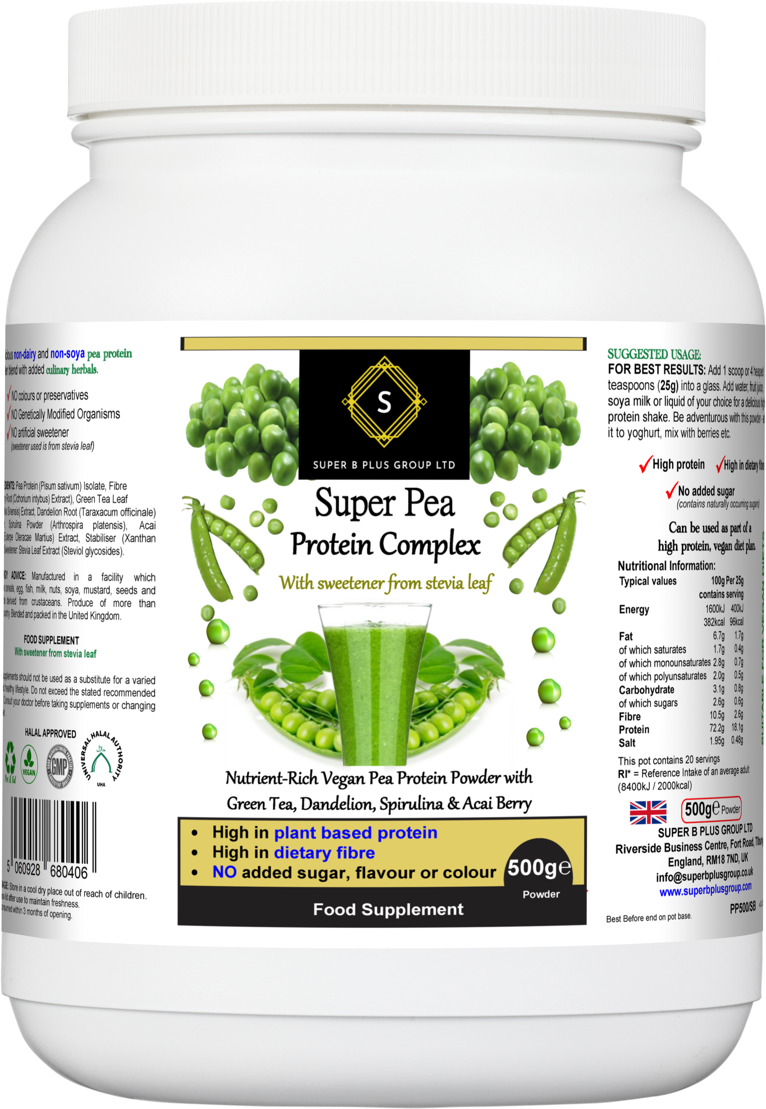 Tub of Super Pea Protein Complex plant-based dietary supplement powder by Super B Plus Group.