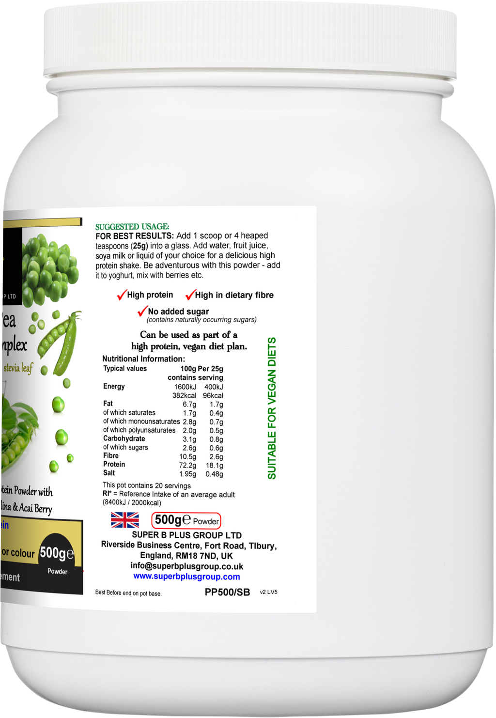 Tub of Super Pea Protein Complex plant-based dietary supplement powder by Super B Plus Group. — view 3